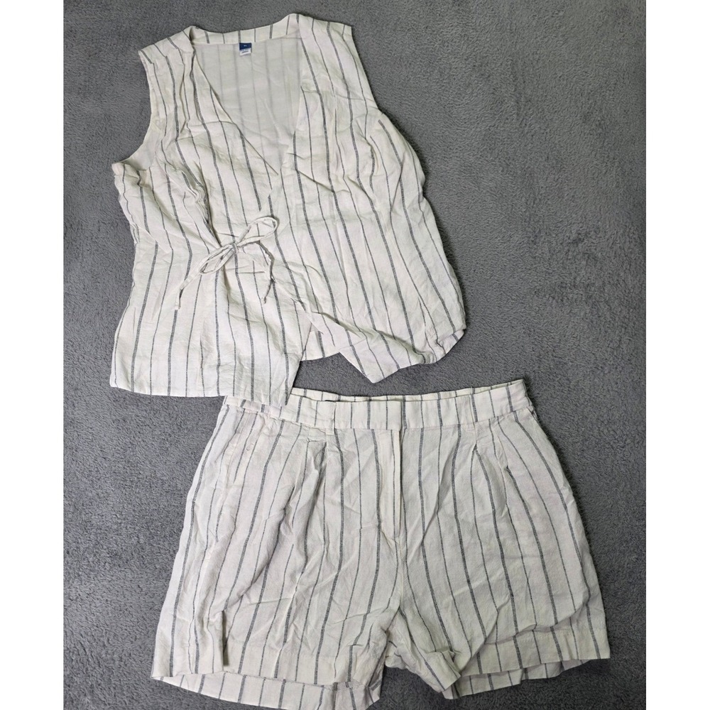 Old Navy Womens L XL 2pc Set Vest Shorts Cream Blue Pinstripe Linen Blend Taylor